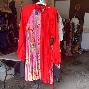 Fate Vibrant Red and Multicolor Pleated Dress